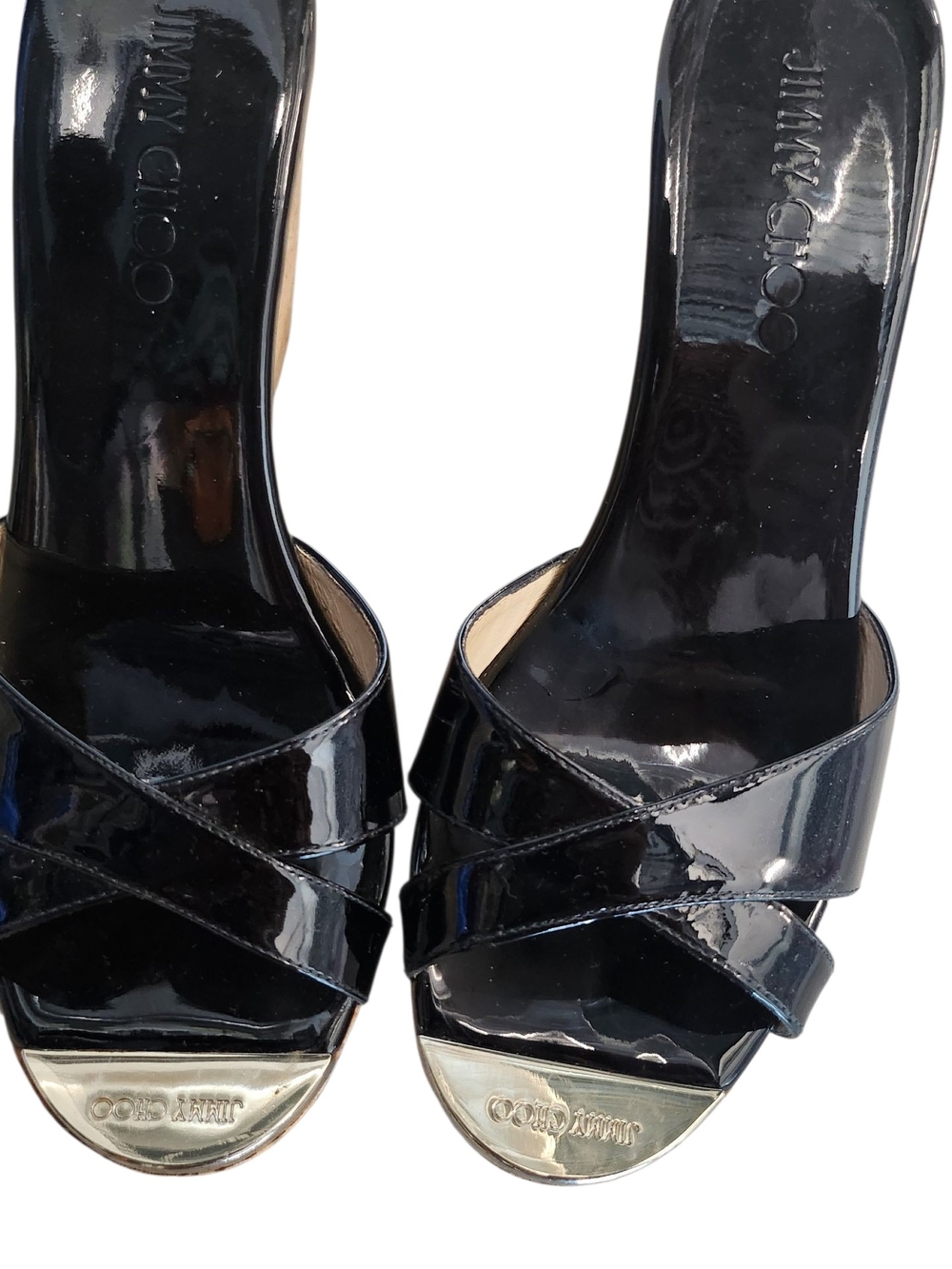 Jimmy Choo Black Patent Leather Crisscross Slide Sandals with Gold Toe Caps